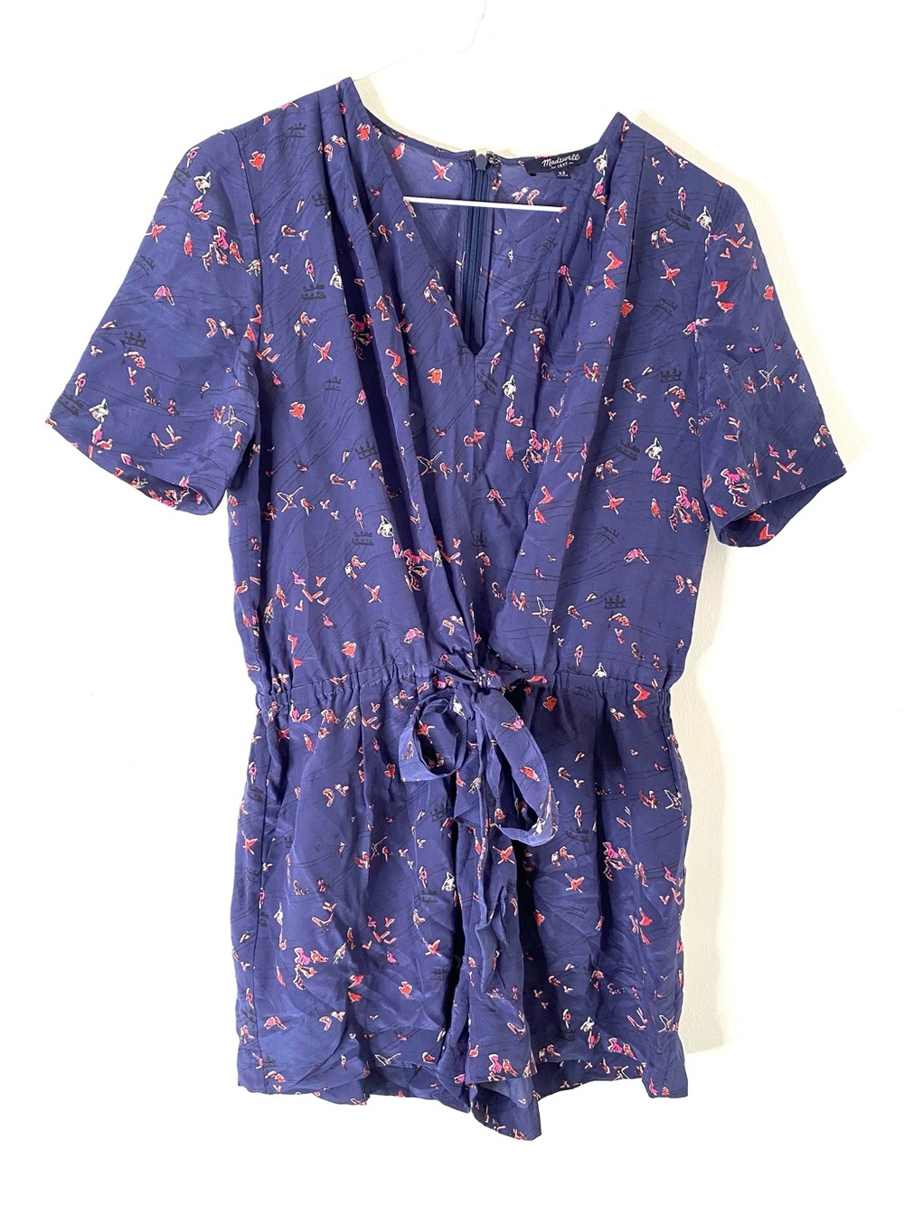 Madewell Navy Blue 100% Silk V-Neck Short Sleeve Romper Red Bird Print Tie Waist